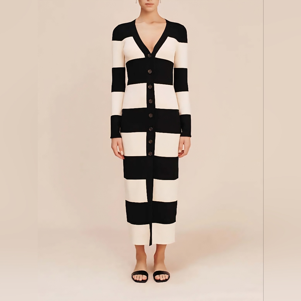 Posse Theo Black/Bone Striped Long Sleeve Button-Front Dress. Sz L
